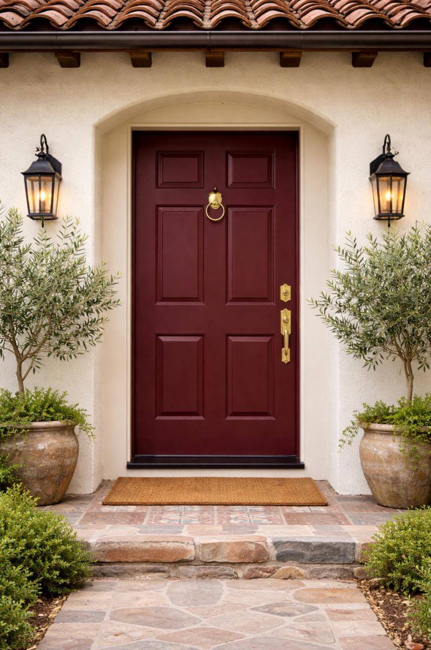A burgundy front door with gold hardware, framed by two potted plants and flanked by black lantern-style wall lights, set in a stucco wall with a tile roof and a stone pathway leading to a doormat.