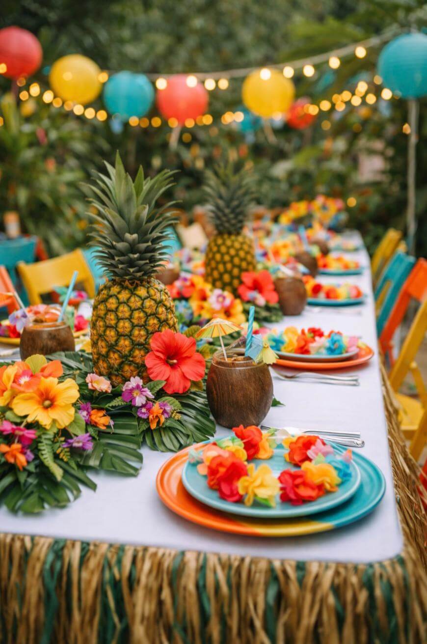 A festive outdoor table is decorated with pineapples, tropical flowers, colorful plates, coconuts with straws, and string lights, creating a vibrant, tropical party atmosphere.