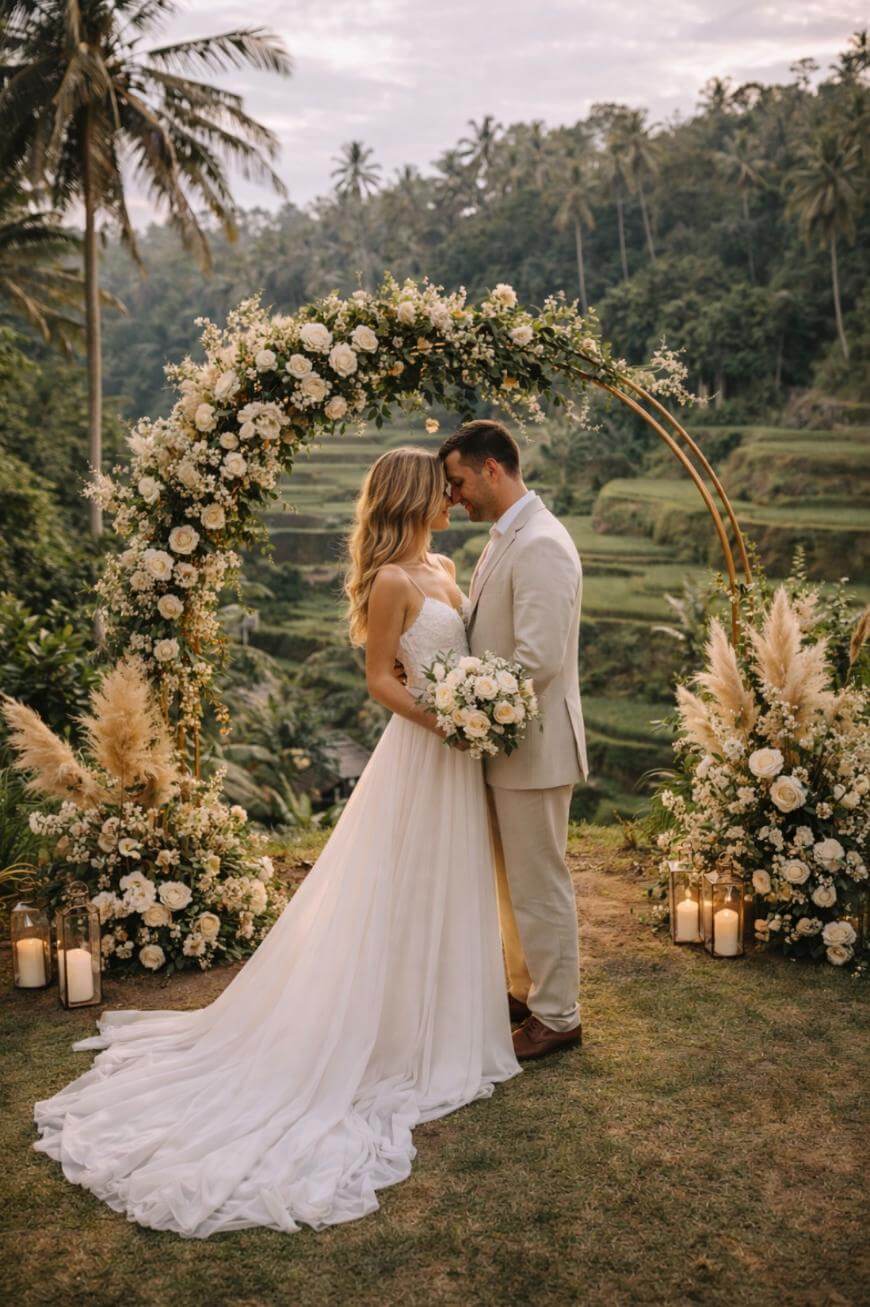 A bride and groom stand close together under a floral arch outdoors, surrounded by flowers and candles, with lush greenery and palm trees in the background. The bride wears a white gown and holds a bouquet.