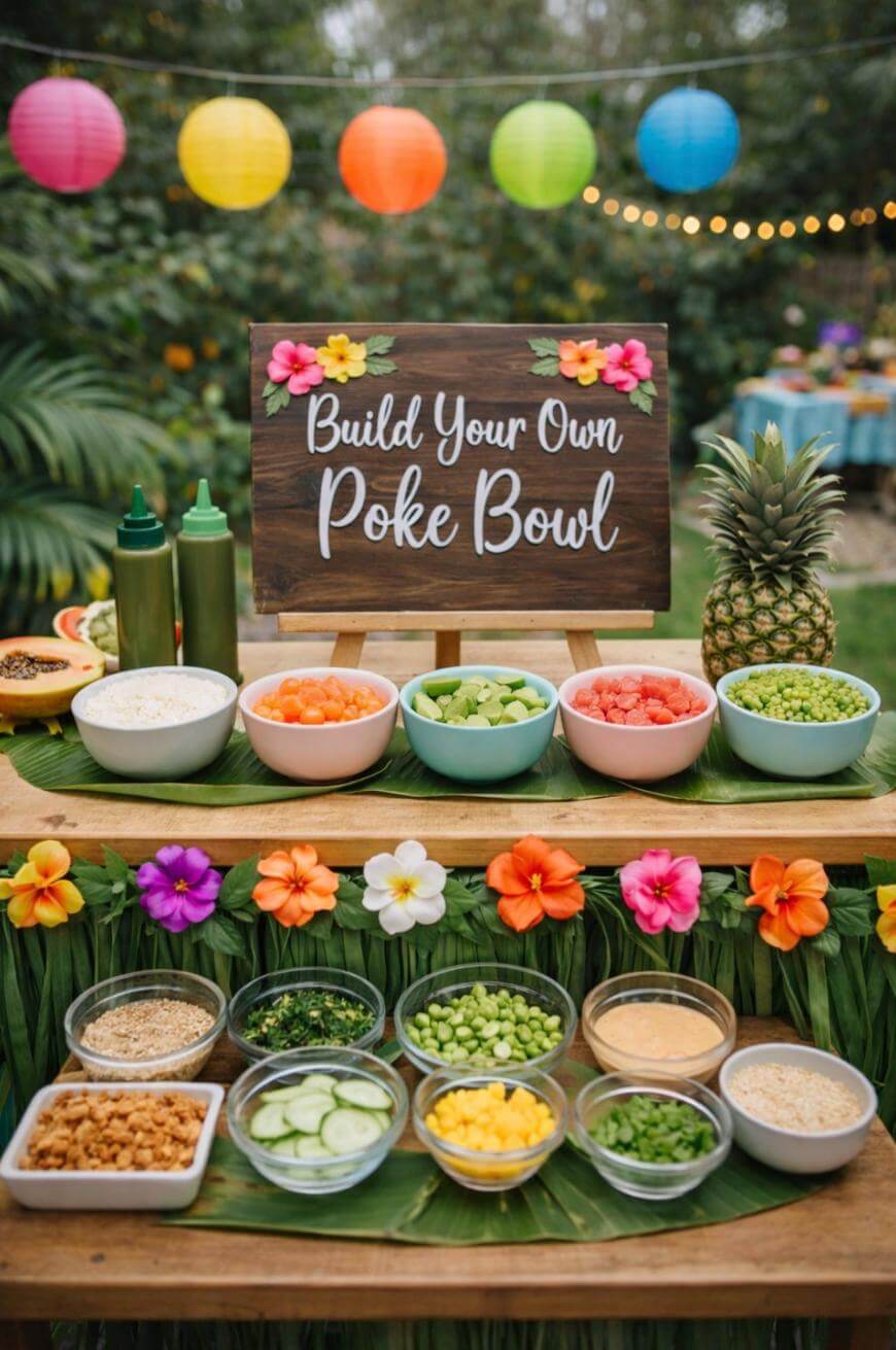 A poke bowl bar is decorated with colorful flowers and lanterns. Bowls of fresh ingredients like cucumbers, edamame, carrots, pineapple, and sauces are arranged around a sign that reads Build Your Own Poke Bowl.