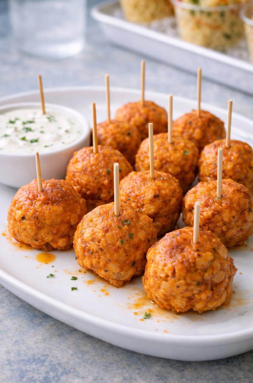 A white plate with twelve buffalo chicken meatballs, each with a toothpick, served with a small bowl of ranch dipping sauce garnished with herbs.