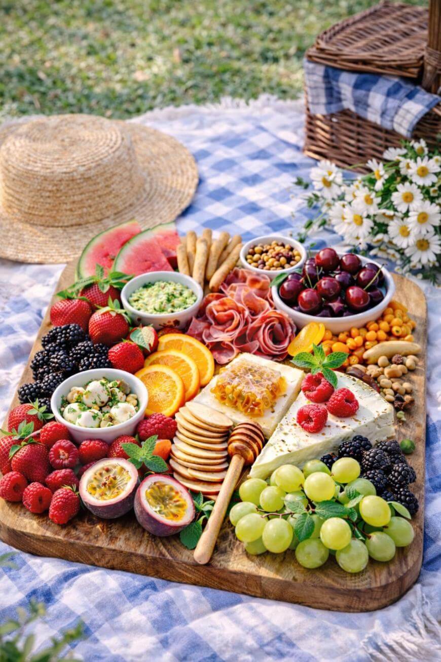 A picnic scene featuring a wooden board with assorted fruits, cheese, crackers, honey, nuts, and dips, set on a blue-and-white checkered blanket with a straw hat, daisies, and a picnic basket nearby.