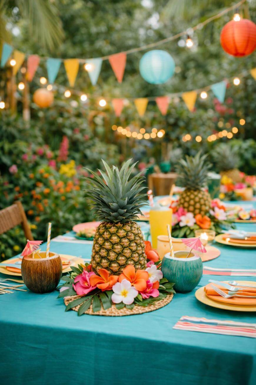 A vibrant outdoor table setting with a teal tablecloth, pineapples and tropical flowers as centerpieces, colorful plates, coconut cups with straws, and festive bunting and lanterns hanging above amid lush greenery.