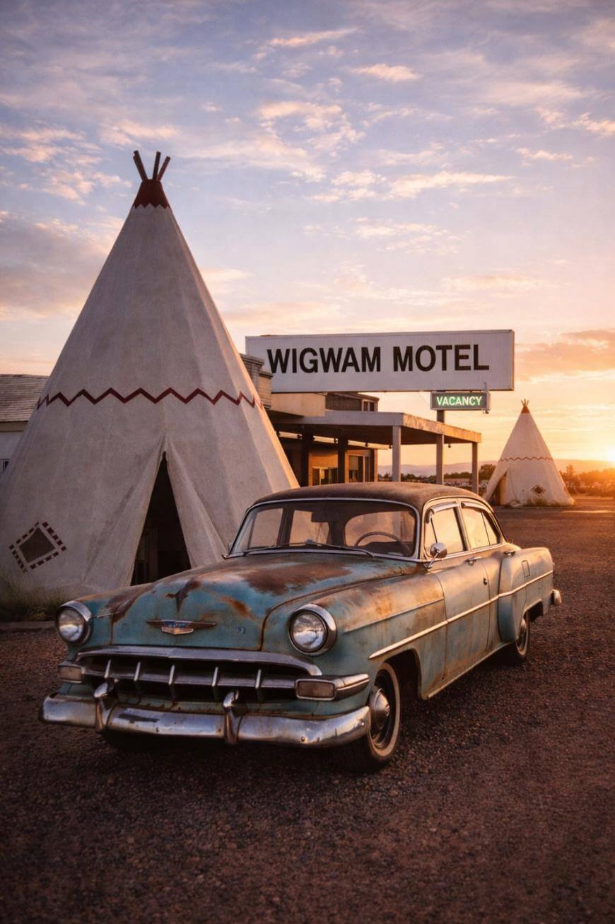 A vintage blue car is parked in front of the Wigwam Motel at sunset, with white teepee-shaped rooms in the background and a “Vacancy” sign visible.