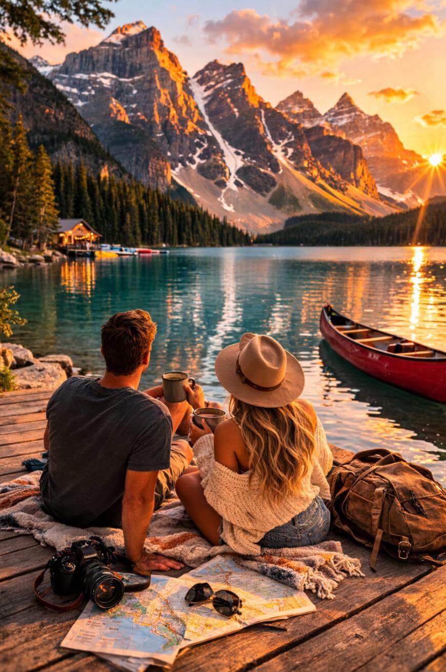 A couple sits on a wooden dock by a mountain lake at sunset, with a camera, map, backpack, and canoe nearby. Snowy peaks, pine trees, and a glowing orange sky are reflected in the calm water.