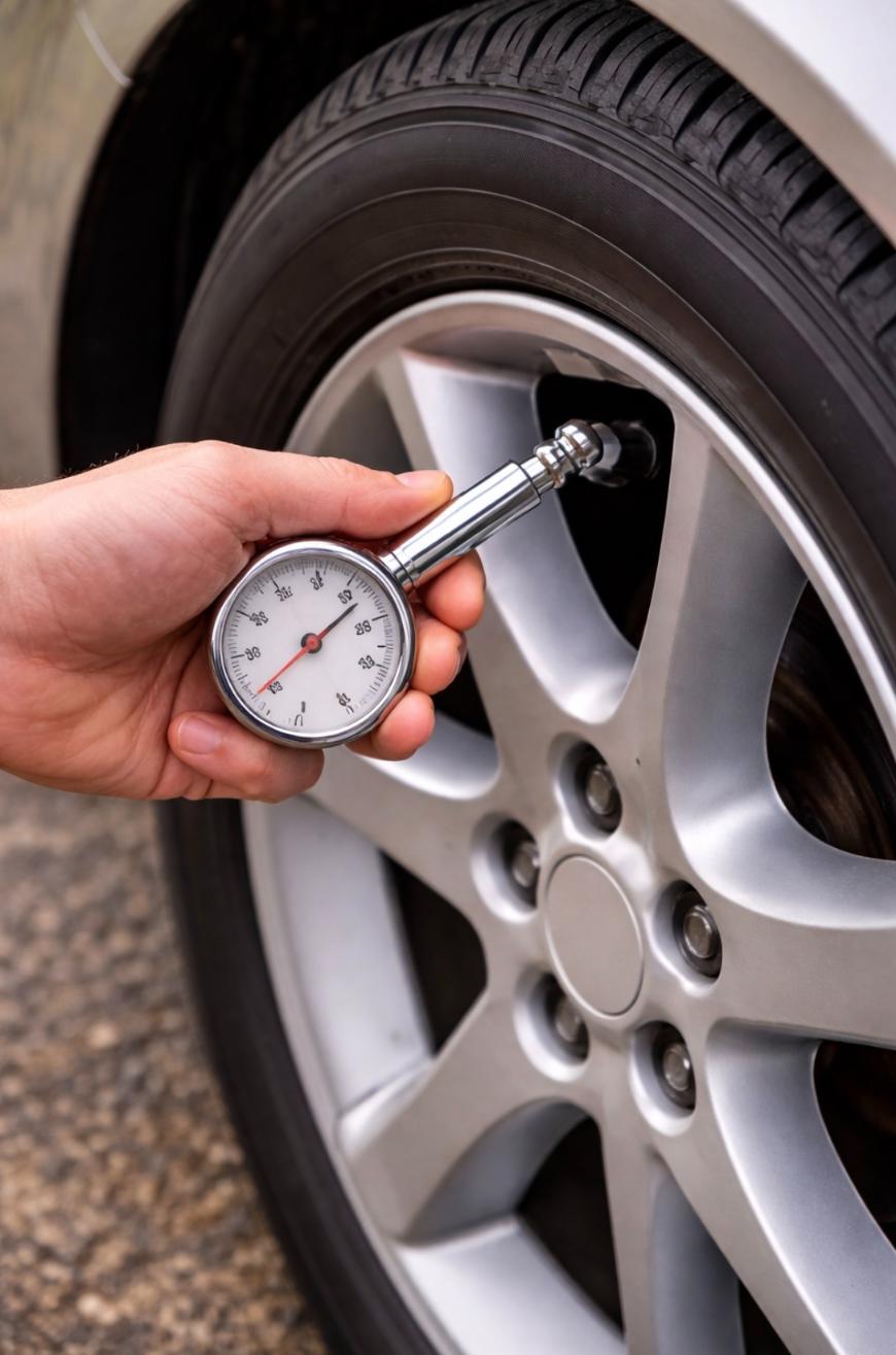 A person holds a tire pressure gauge to the valve of a car tire, checking the air pressure. The car wheel and tire are clearly visible.