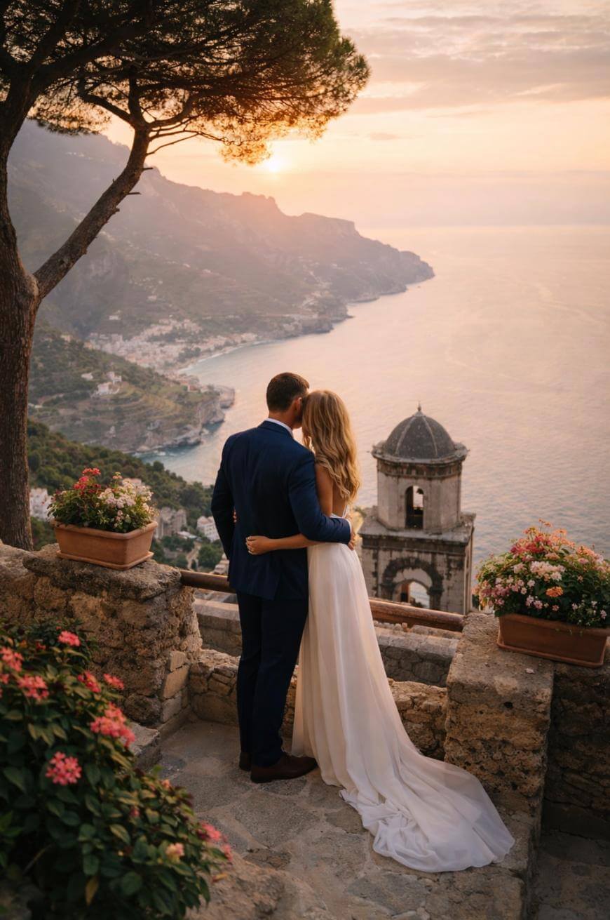 A bride and groom stand on a stone terrace, embracing as they gaze at a scenic coastline and sunset, with flowers in pots and an old tower below.