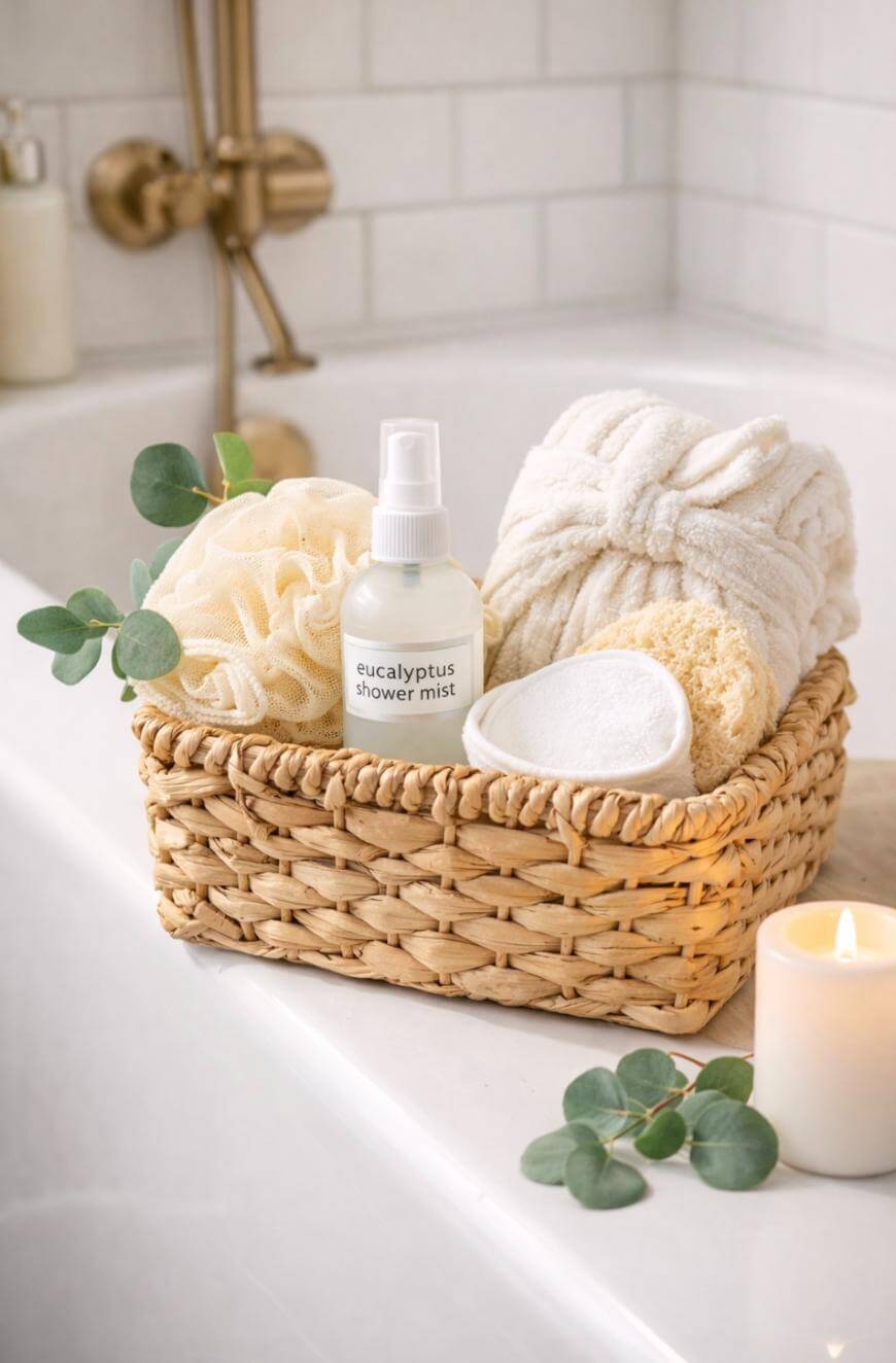 A wicker basket by a bathtub holds a bottle of eucalyptus shower mist, a loofah, a rolled towel, a sponge, and a reusable makeup pad. A lit candle and eucalyptus leaves sit beside the basket.