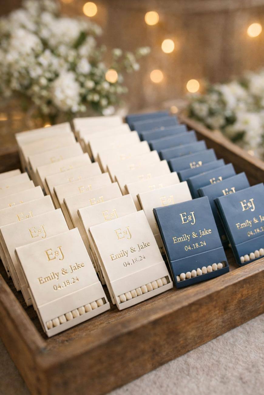 A wooden tray holds rows of white and navy matchbooks with gold lettering reading “Emily & Jake 04.18.24,” set against blurred lights and white flowers in the background.