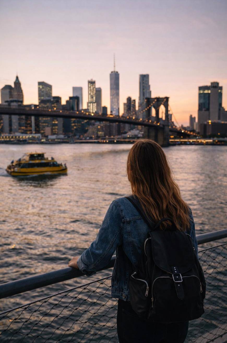 A person with long hair and a backpack looks at the city skyline and Brooklyn Bridge at sunset, standing by a waterfront railing as a yellow water taxi passes by.