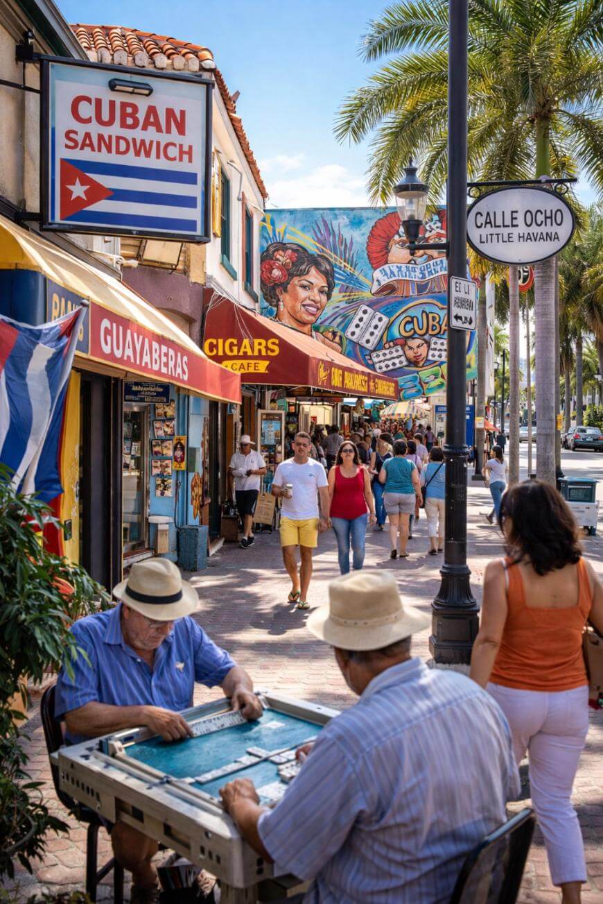 People walk along a lively street in Little Havana, Miami, lined with colorful shops and cafes. Two men play dominoes at a table in the foreground, under palm trees and a vibrant mural. A Calle Ocho sign is visible.