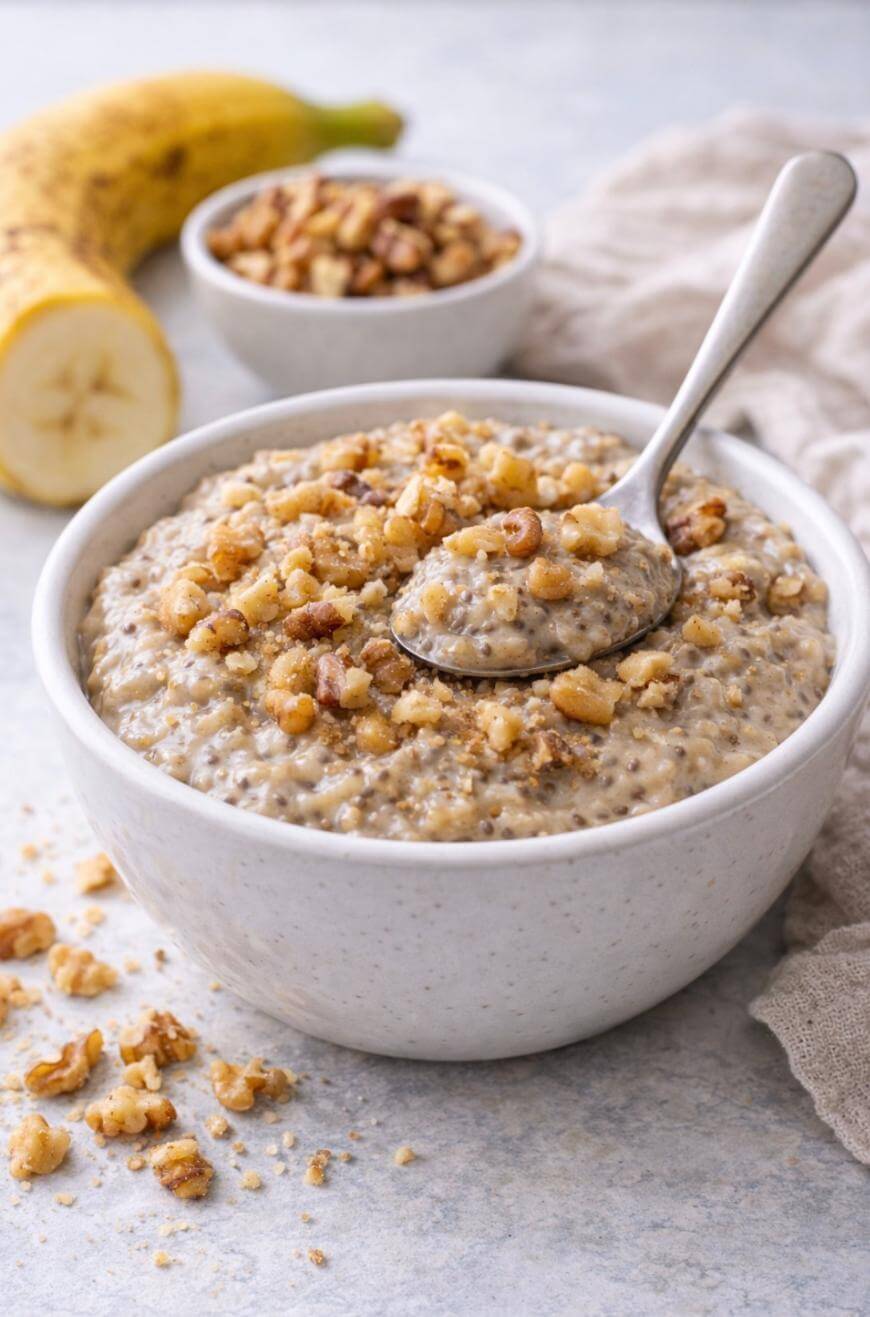 A bowl of oatmeal topped with chopped walnuts, with a spoon inside. In the background, there’s a banana and a small bowl of extra walnuts, all set on a light surface.