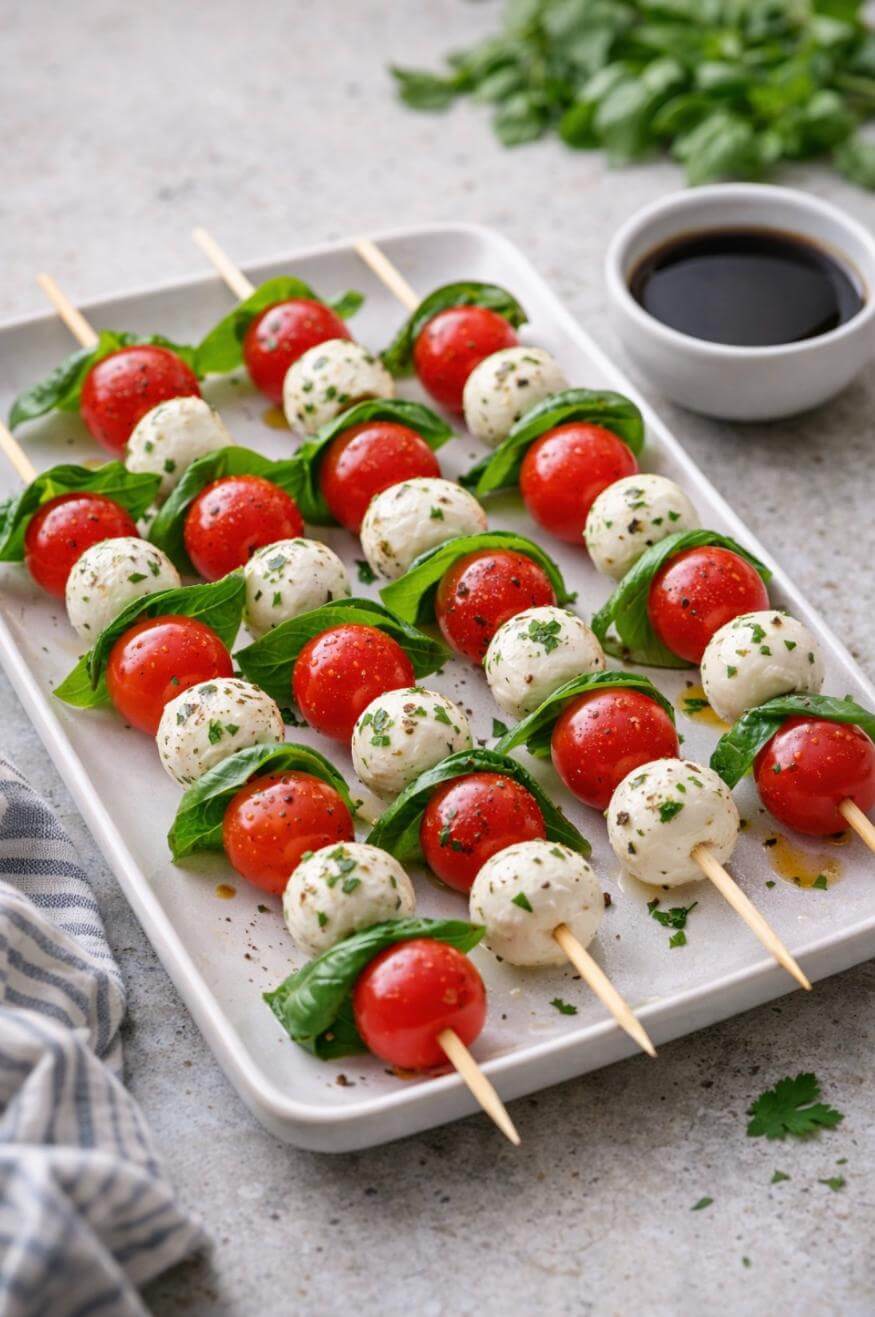 Skewers with cherry tomatoes, mozzarella balls, and fresh basil leaves arranged on a white tray. A small bowl of balsamic sauce and fresh herbs are in the background. Everything is garnished with herbs.