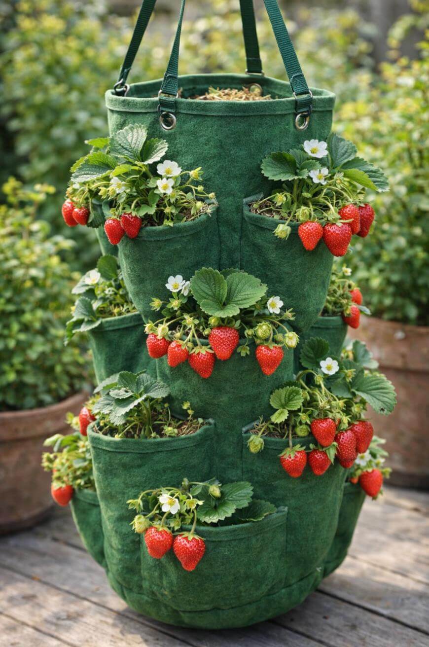 A green hanging fabric planter with multiple pockets, each holding lush strawberry plants with ripe red strawberries and white blossoms, stands outdoors on a wooden surface.