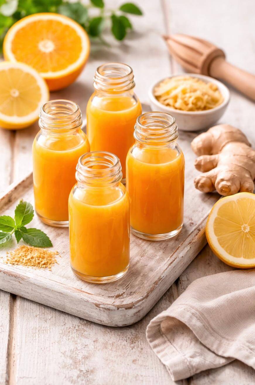 Four small glass bottles filled with orange juice are on a tray, surrounded by fresh ginger, half a lemon, half an orange, and a wooden citrus juicer on a rustic white table.