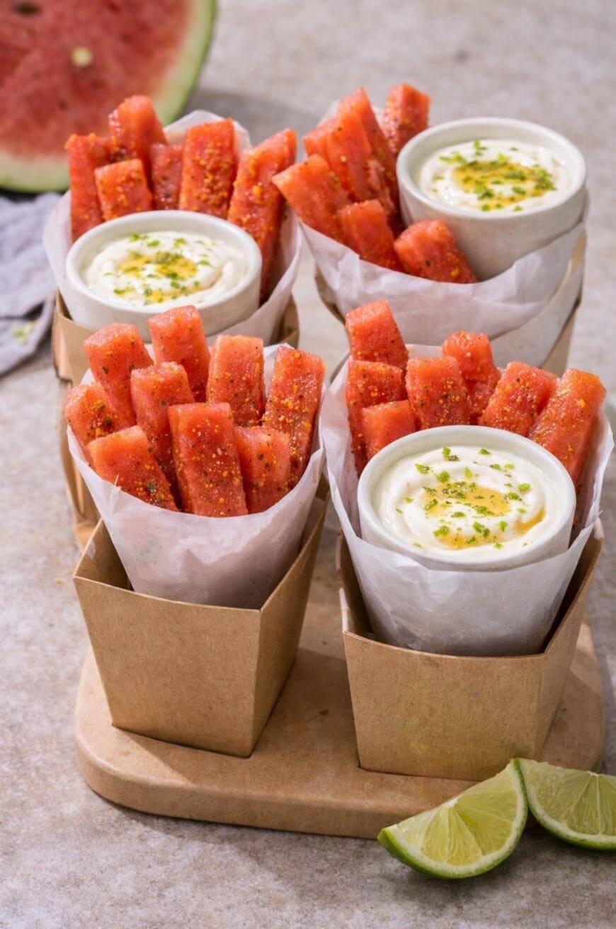 Four containers of watermelon sticks dusted with chili powder are served with creamy white dip topped with green zest, presented on a wooden tray with lime wedges and a slice of watermelon in the background.