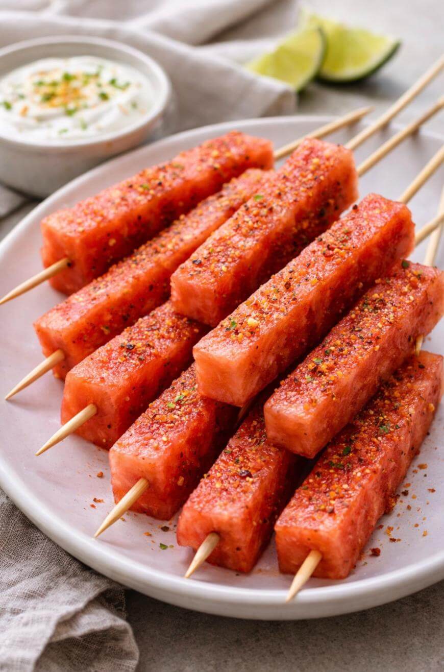 Rectangular watermelon slices on wooden skewers, sprinkled with chili powder, arranged on a white plate. A bowl of creamy dip and lime wedges are in the background.