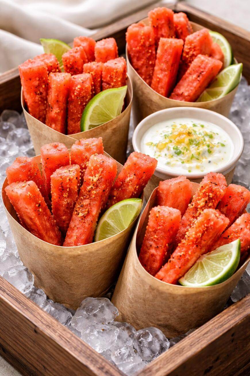 Four paper cups filled with seasoned watermelon sticks and lime wedges sit on ice beside a small bowl of creamy dip topped with herbs in a wooden tray.