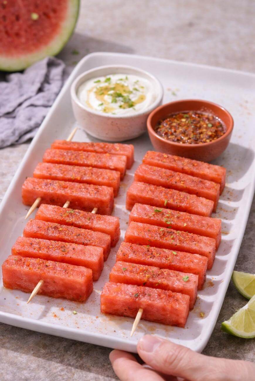 Rectangular watermelon sticks on skewers, sprinkled with seasoning, are arranged on a white tray. Two small bowls of dipping sauces and lime wedges are also on the tray, with a hand holding the edge.