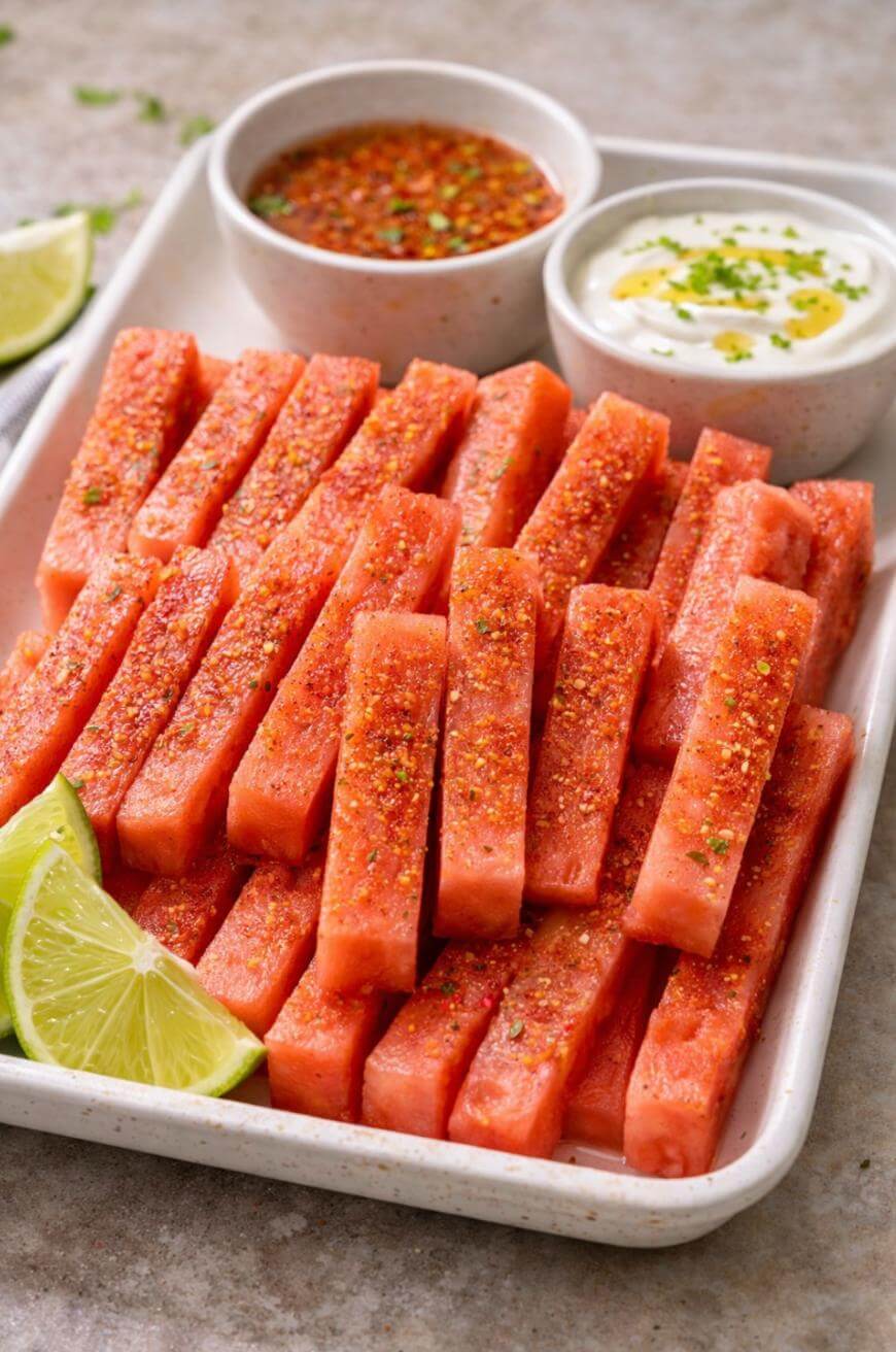 Rectangular slices of watermelon on a plate, sprinkled with chili powder and served with lime wedges and two dipping sauces—one red and one white.