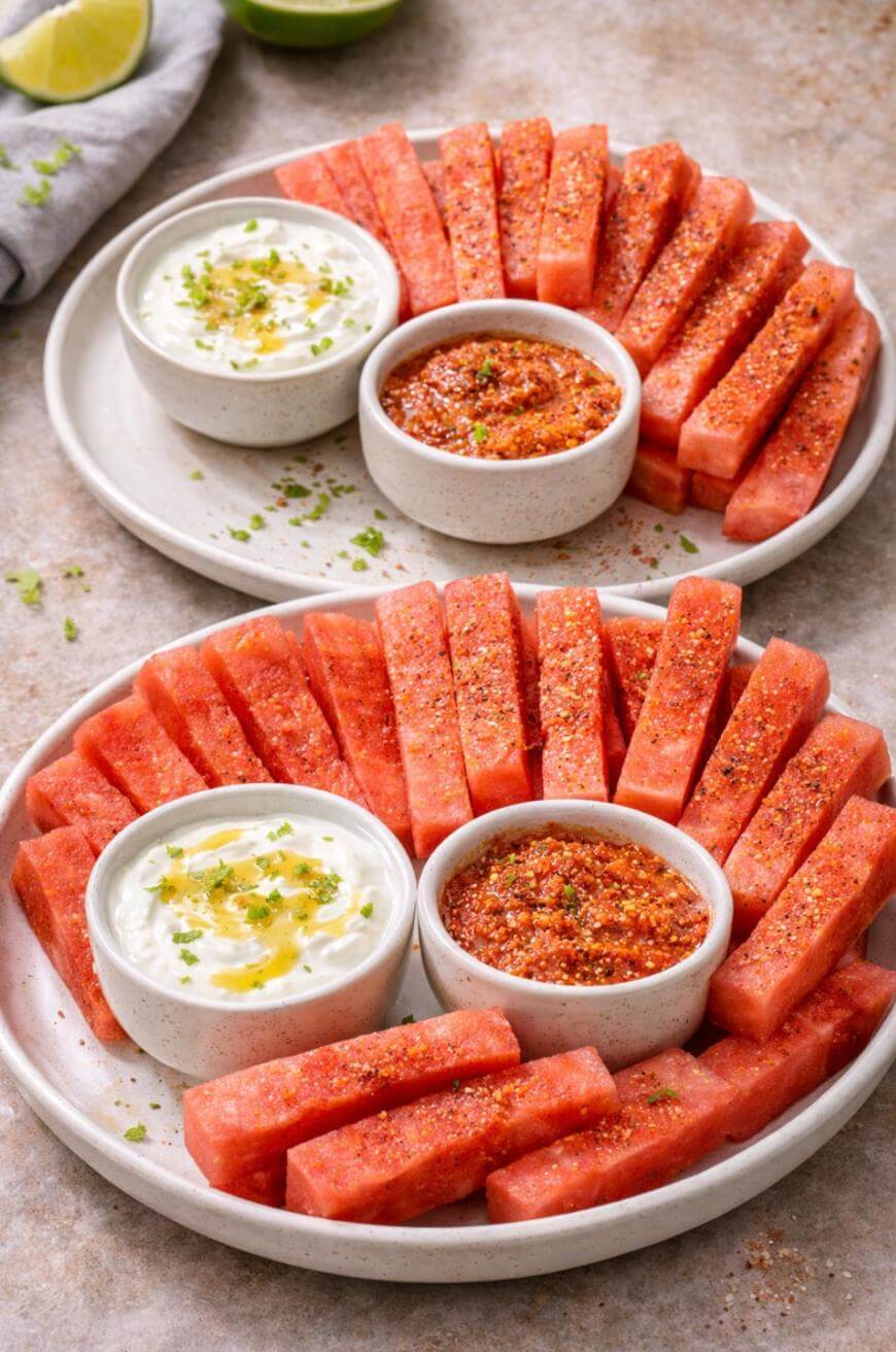 Two plates of watermelon sticks, each arranged around two dipping bowls—one with a creamy white dip topped with herbs and oil, the other with a red, spicy-looking seasoning. Lime wedges are seen in the background.