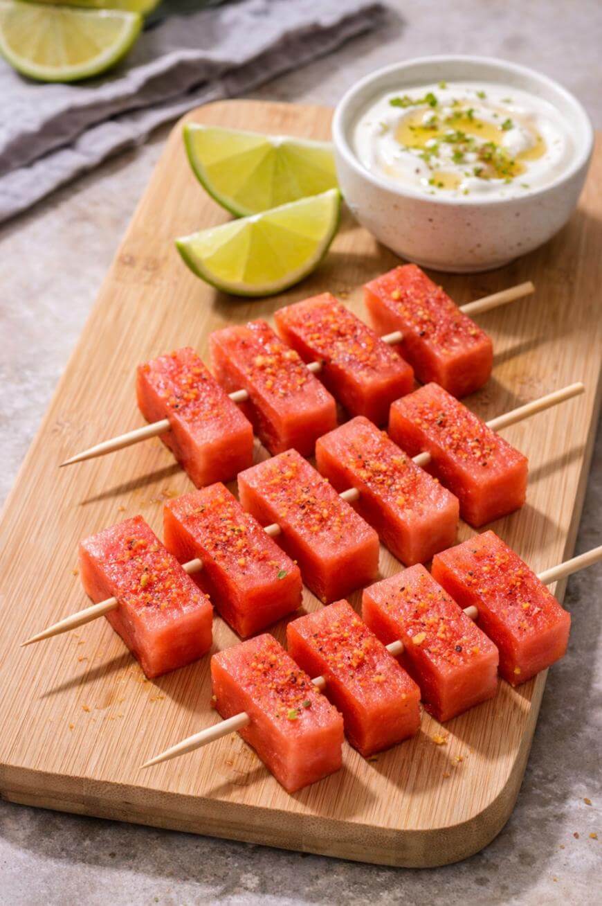 Skewered cubes of watermelon sprinkled with seasoning are arranged on a wooden board. Lime wedges and a bowl of creamy dip topped with herbs are beside the skewers.