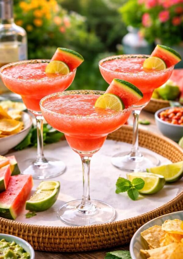 Three watermelon margaritas garnished with watermelon slices and lime wedges sit on a tray, surrounded by bowls of chips, guacamole, lime wedges, and fresh watermelon, with a bright, outdoor garden setting in the background.