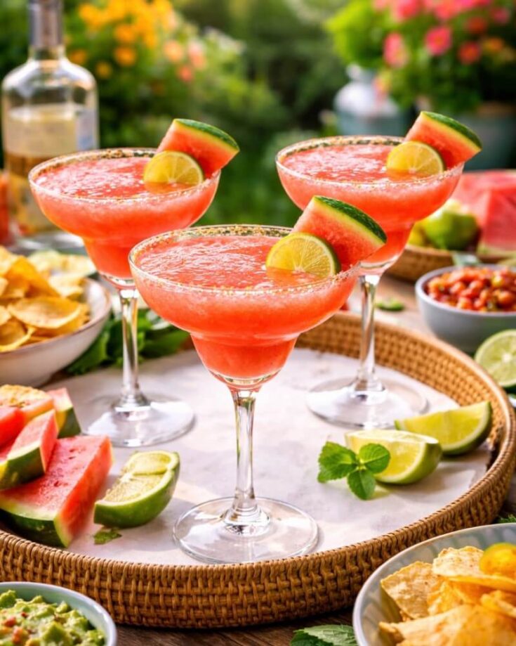 Three watermelon margaritas garnished with watermelon slices and lime wedges sit on a tray, surrounded by bowls of chips, guacamole, lime wedges, and fresh watermelon, with a bright, outdoor garden setting in the background.