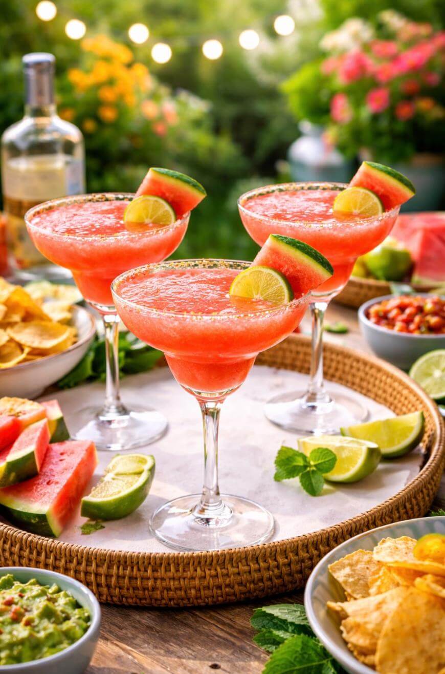 Three watermelon margaritas in cocktail glasses, garnished with lime and watermelon slices, sit on a tray surrounded by chips, guacamole, lime wedges, and vibrant summer decor in an outdoor setting.