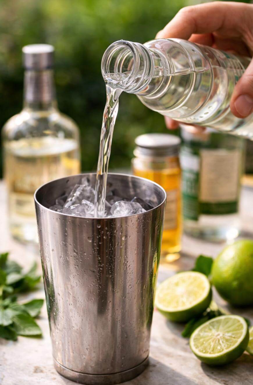 A hand pours clear liquid from a bottle into a metal cocktail shaker filled with ice, surrounded by bottles, fresh mint, and halved limes on a table.
