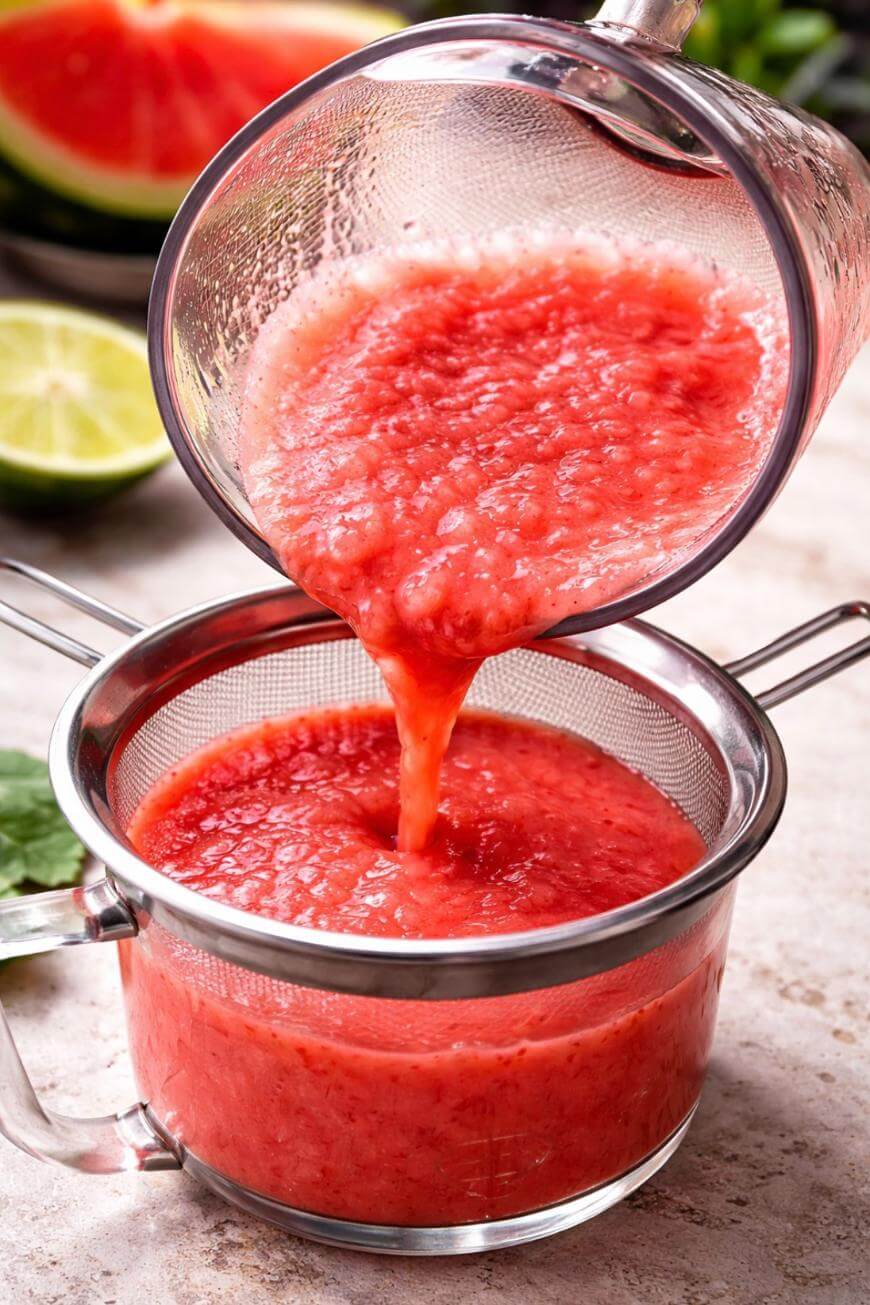 Watermelon pulp is being poured from a glass container through a fine mesh strainer into a clear glass measuring cup, with a sliced lime and watermelon in the background.
