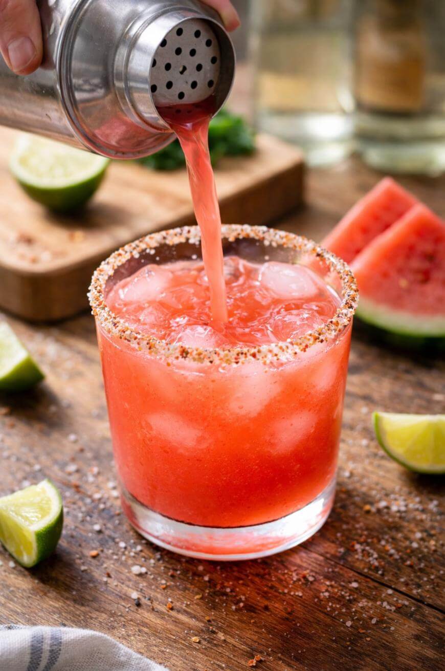 A pink watermelon cocktail with ice is being poured from a shaker into a glass with a chili-salt rim. Lime wedges and watermelon slices are on a wooden table in the background.