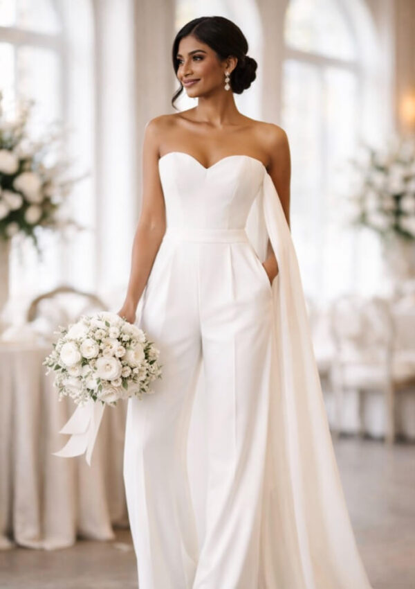 A bride in an elegant strapless white jumpsuit with a long cape stands indoors, holding a bouquet of white flowers. The background features large windows and floral arrangements, creating a sophisticated wedding setting.