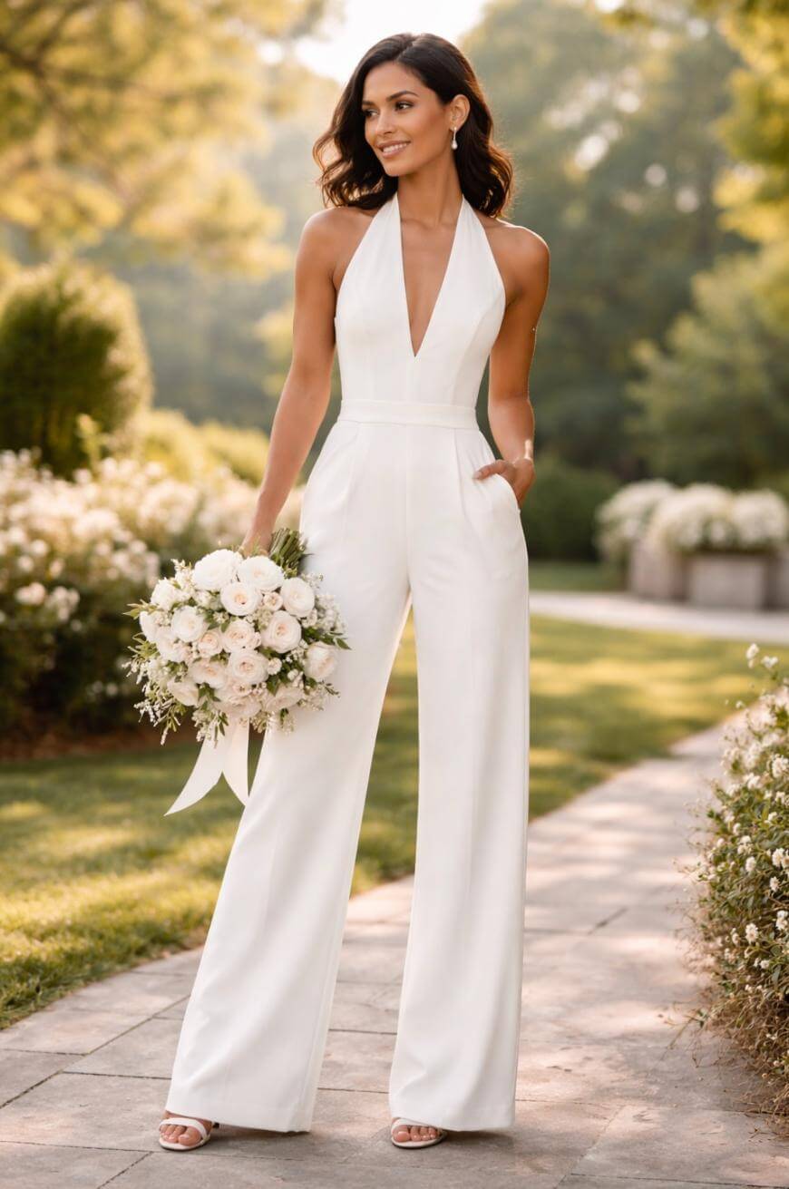 A woman in a white halter-neck jumpsuit stands outdoors on a stone path, holding a bouquet of white flowers and greenery. She is smiling, with one hand in her pocket, surrounded by lush, sunlit gardens.