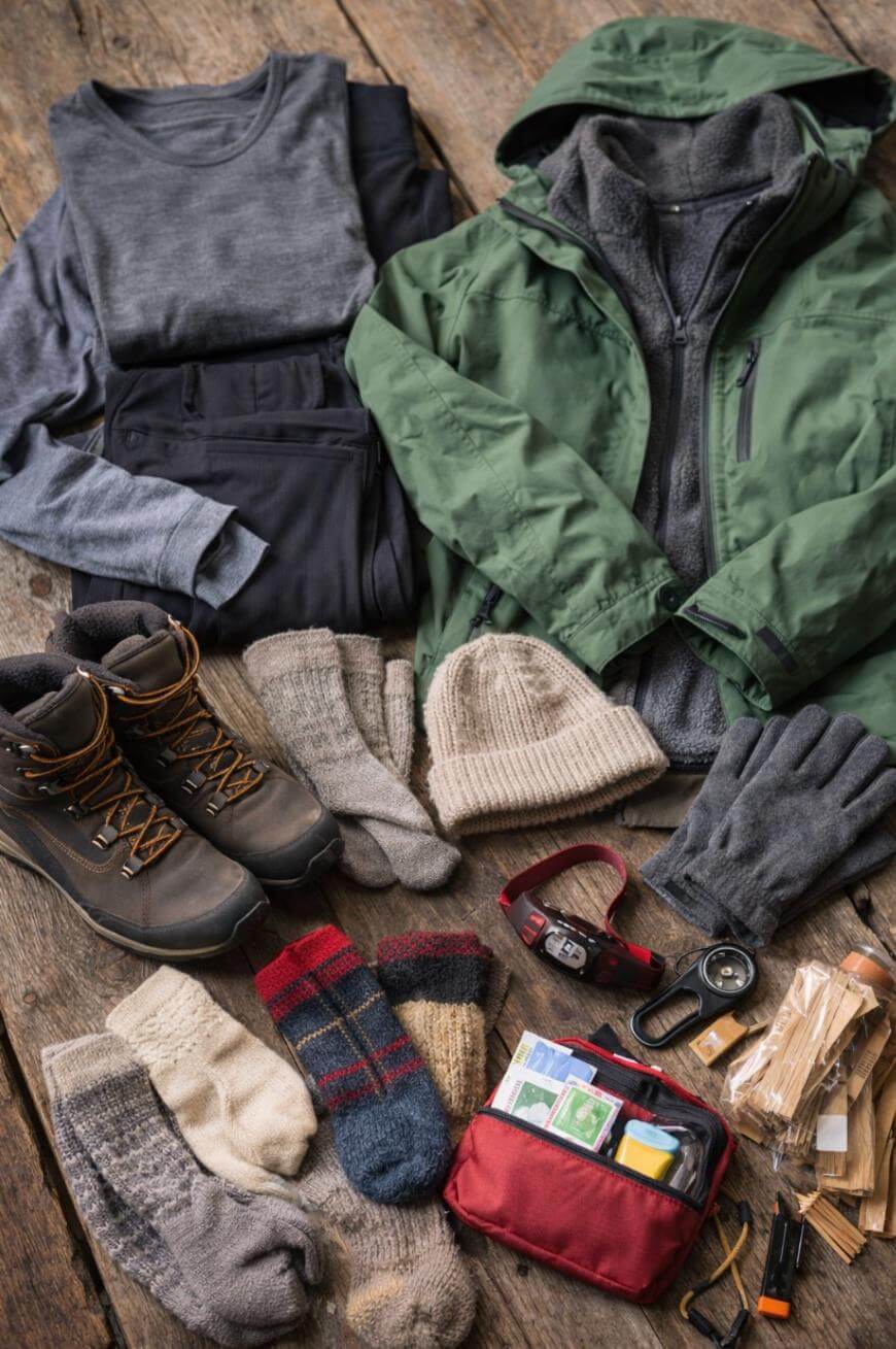 A flat lay of hiking and outdoor essentials on wooden boards, including boots, warm socks, gloves, a hat, a green jacket, grey clothing layers, a watch, compass, matches, first aid kit, and a flashlight.
