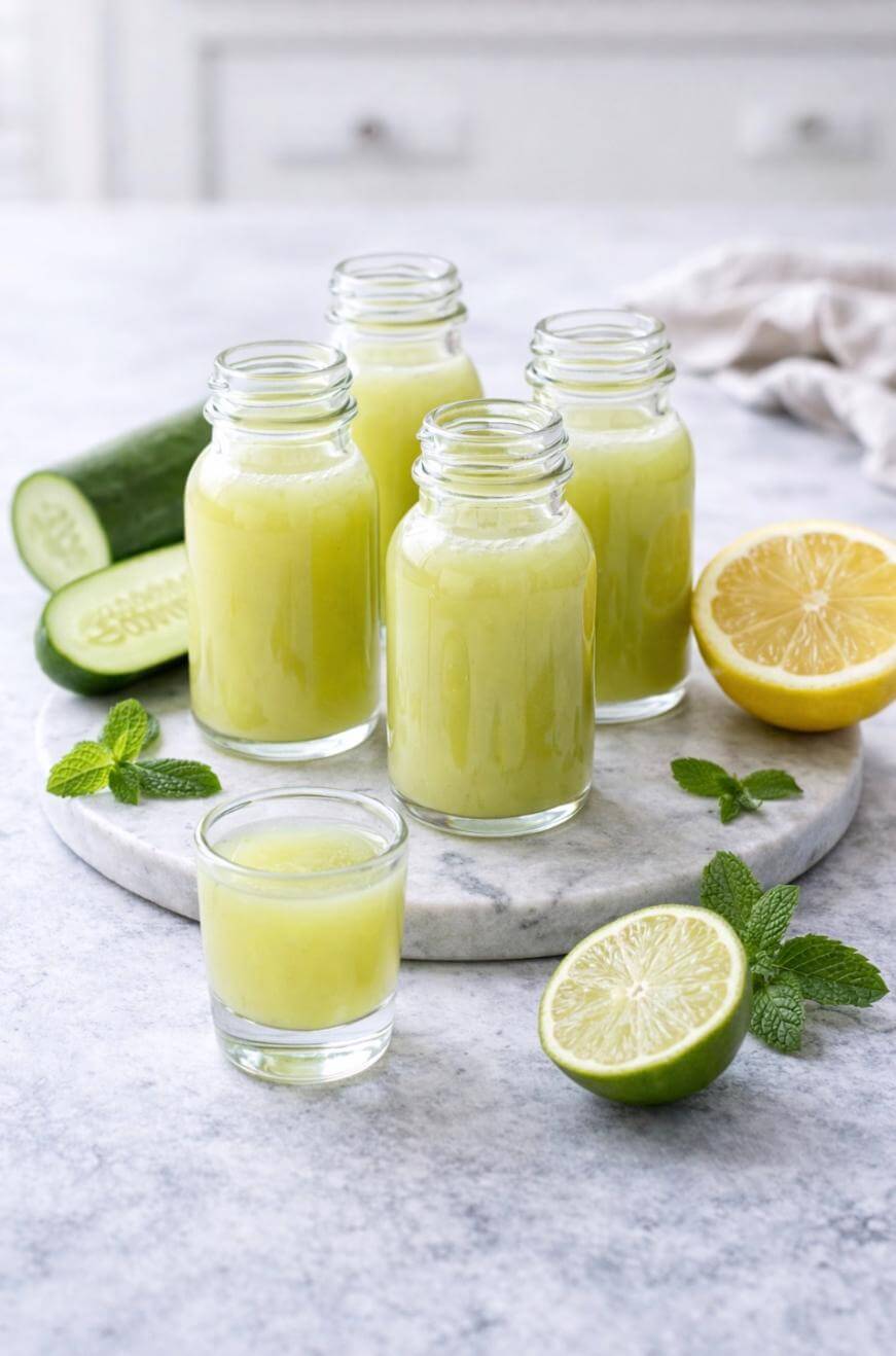Five small glass bottles filled with light green juice are arranged on a marble surface, surrounded by fresh mint leaves, cucumber slices, a halved lime, and a halved lemon.