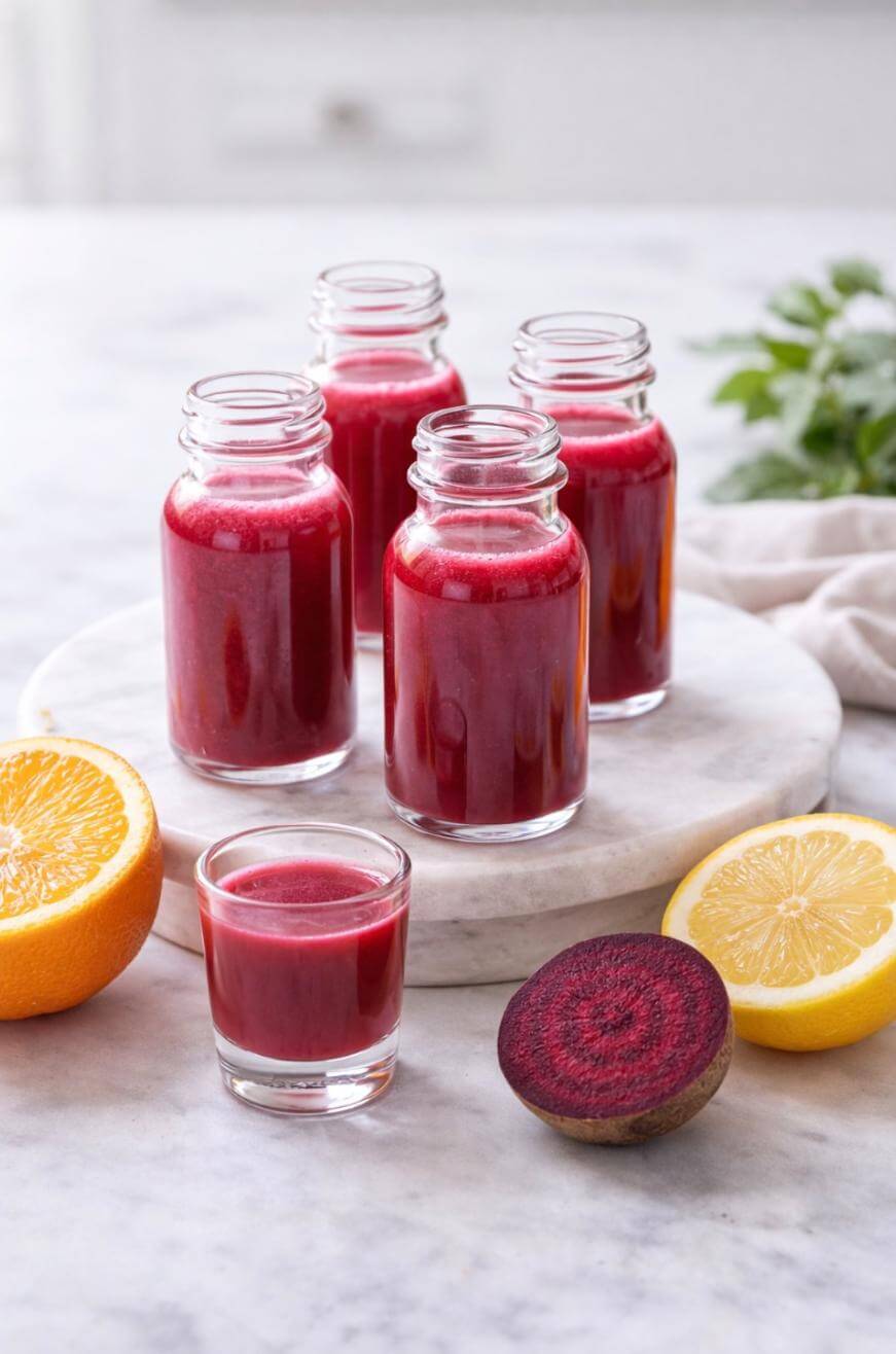 Five small glass bottles and one shot glass filled with bright red juice are displayed on a marble surface, surrounded by a halved orange, a halved lemon, and a sliced beetroot. Green herbs are in the background.