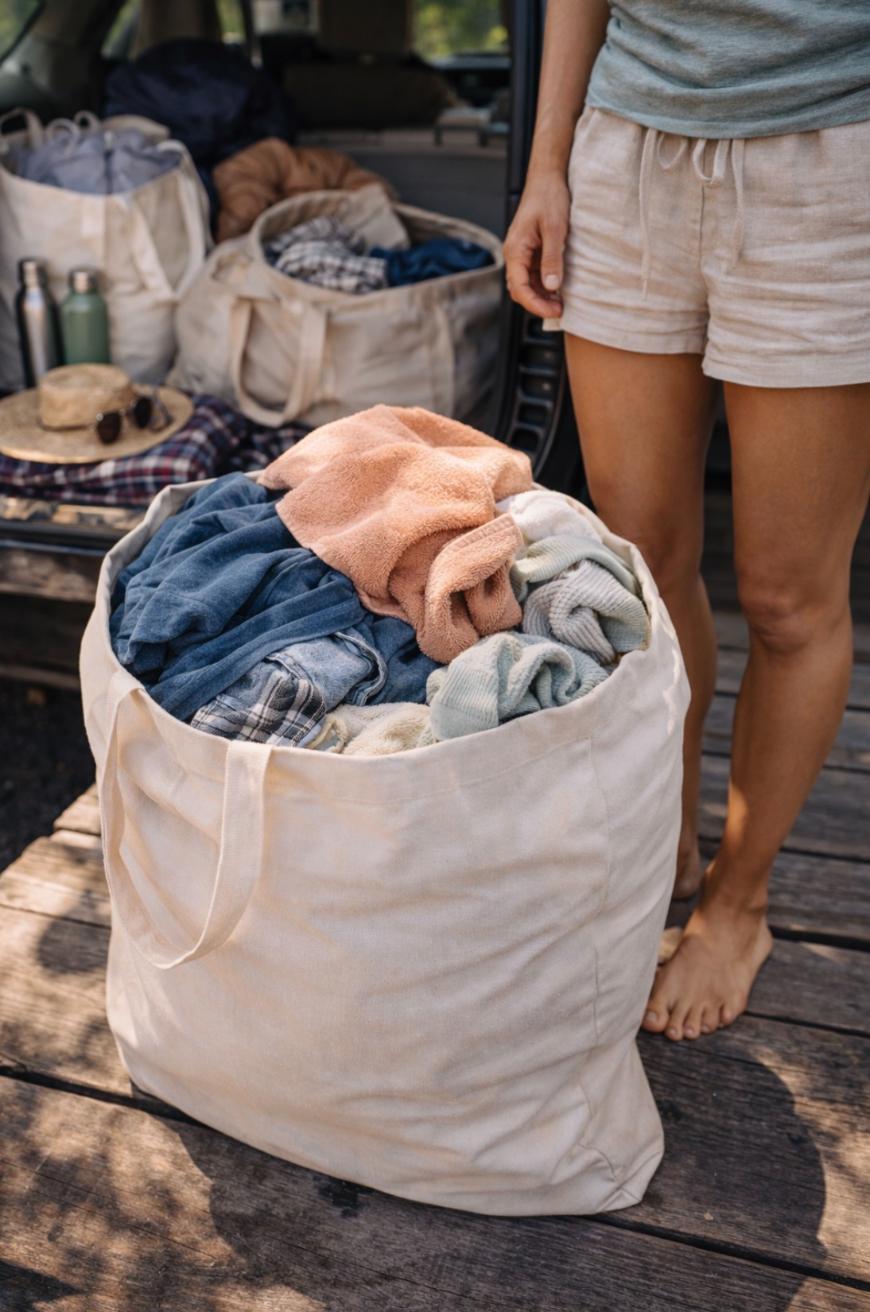 A person in shorts stands barefoot on a wooden surface next to a large canvas bag filled with assorted clothes. More bags, bottles, and a hat are visible in the open trunk of a car in the background.