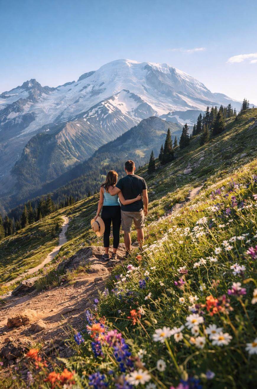 A couple stands on a mountain trail surrounded by wildflowers, gazing at a snow-capped mountain under a clear blue sky. Pine trees line the hillside, and a winding path leads through the vibrant landscape.