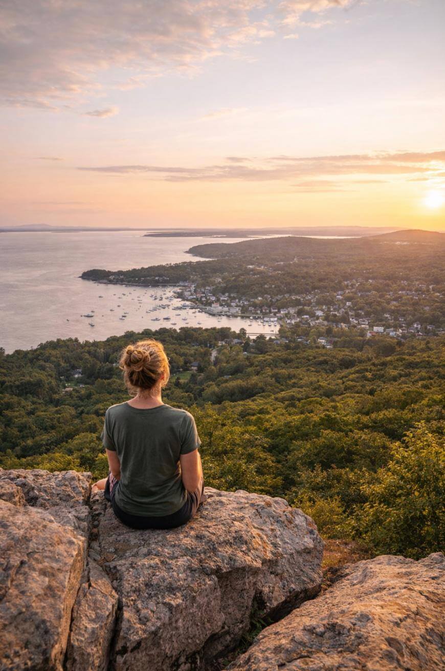 A person with blonde hair sits on a rocky ledge overlooking a lush green landscape, coastline, and small town at sunset, with the sun low on the horizon and calm waters in the distance.