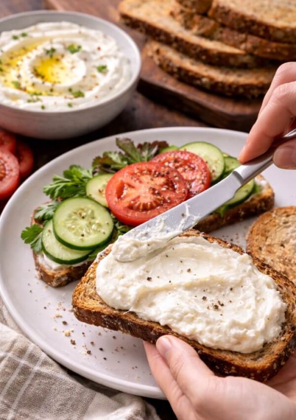 A hand spreads creamy cheese on a slice of whole-grain bread. A plate holds an open-faced sandwich with cucumbers, tomatoes, and greens. A bowl of dip, sliced bread, and tomatoes are in the background.