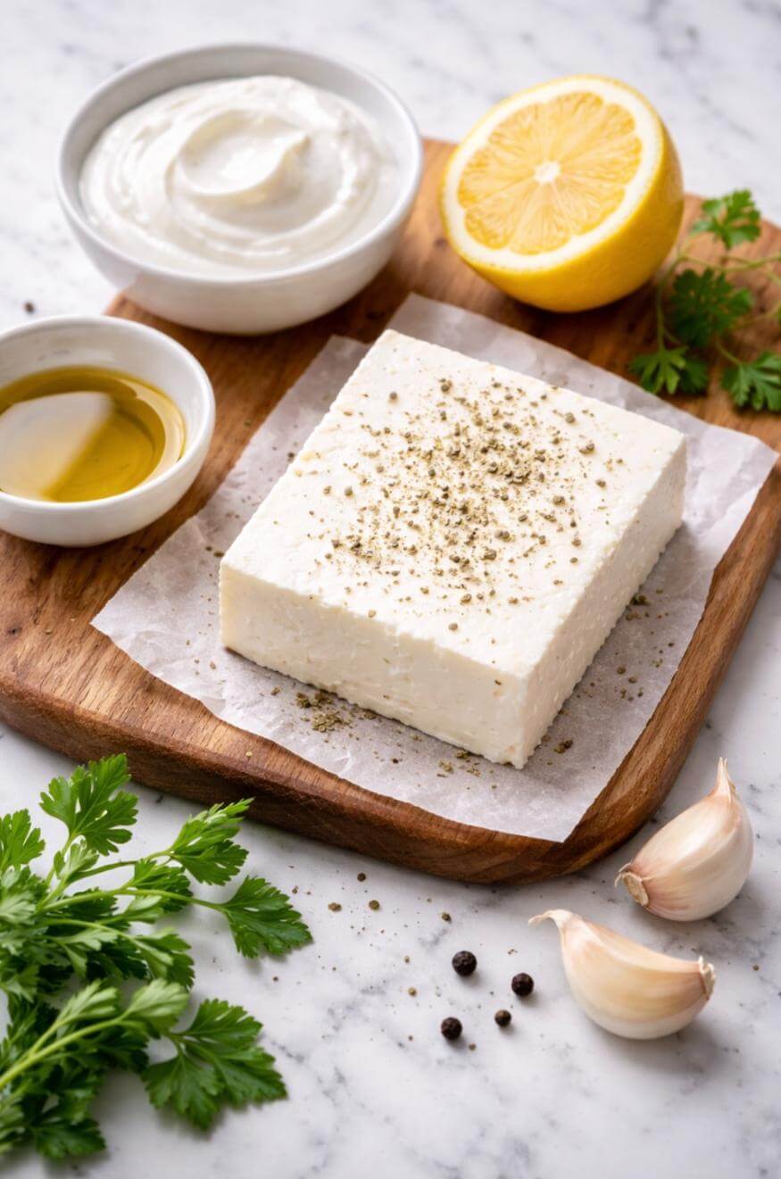 A block of feta cheese sprinkled with herbs sits on parchment paper on a wooden board, surrounded by lemon, a bowl of yogurt, olive oil, garlic cloves, parsley, and black peppercorns.