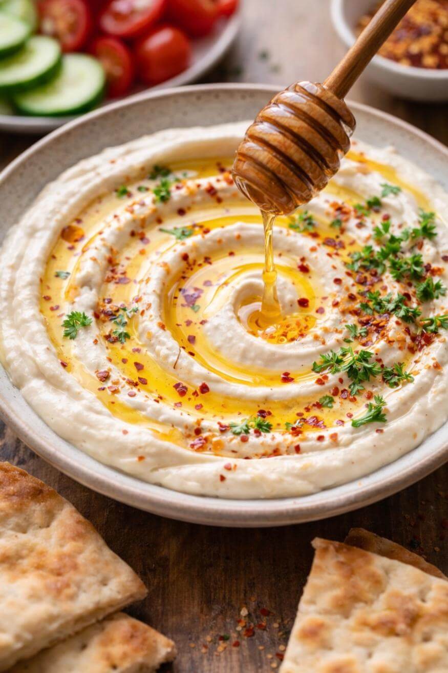 A bowl of creamy dip garnished with olive oil, red pepper flakes, and fresh herbs, with honey being drizzled on top. Pita bread and sliced vegetables are visible in the background.