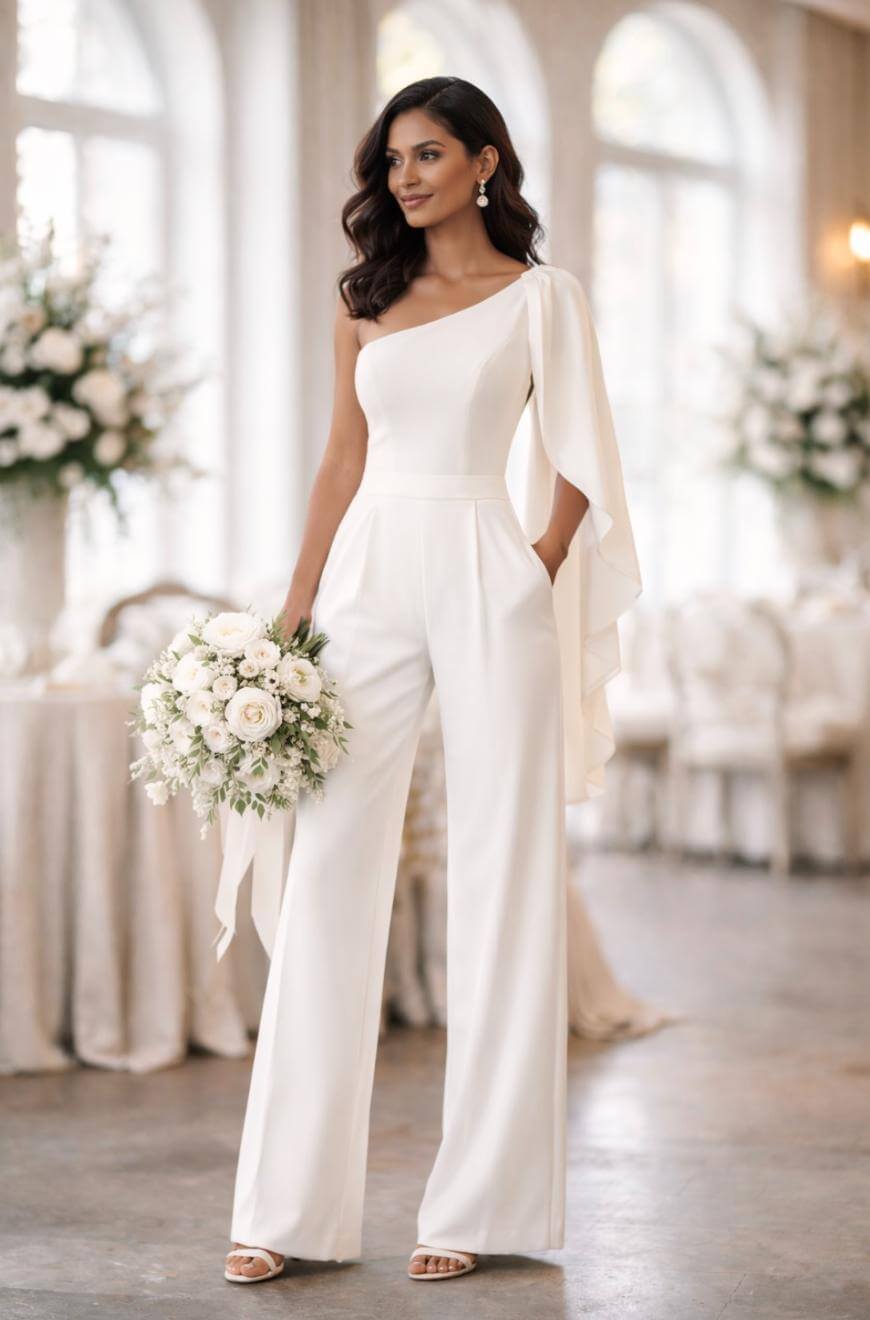 A woman in an elegant, one-shoulder white jumpsuit holds a bouquet of white flowers, standing in a bright, elegant room decorated with white floral arrangements and arched windows.