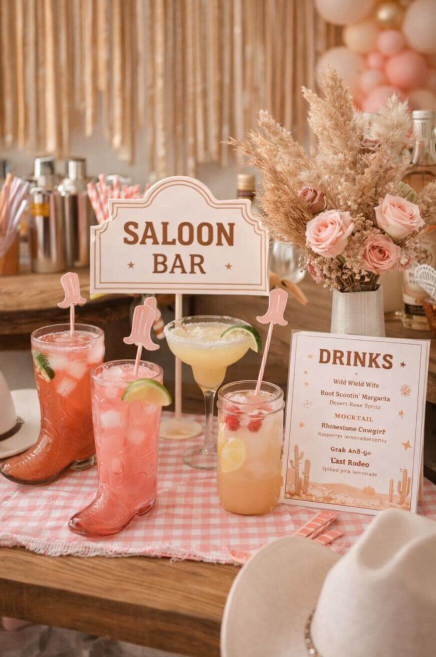 A western-themed drink station with a “Saloon Bar” sign, pink checkered tablecloth, mixed cocktails in glasses and a boot-shaped glass, a drinks menu, cowboy hat, and a vase with dried flowers and roses.