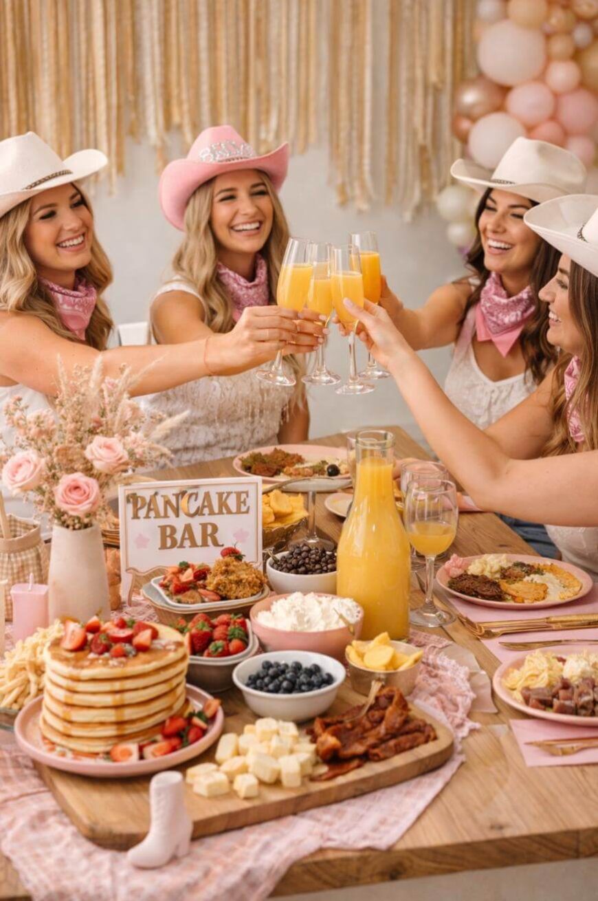 Four women wearing cowgirl hats and pink bandanas toast with mimosas at a table decorated with pink flowers and balloons. The table features a pancake bar with fruit, syrup, bacon, and other breakfast foods.