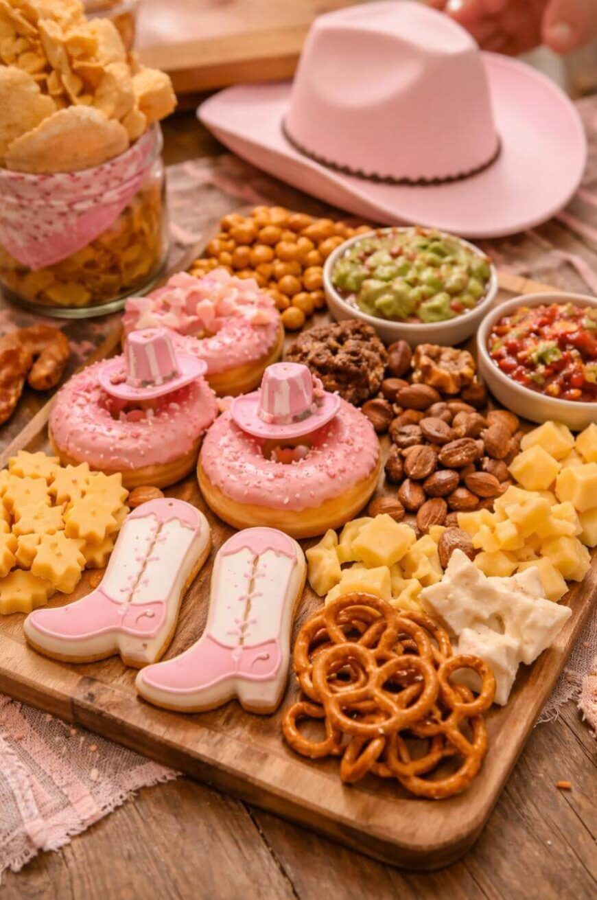 A wooden board with pink cowboy hat and boot cookies, pink frosted donuts, cheese cubes, pretzels, nuts, chips, guacamole, salsa, and snacks. A pink cowboy hat is in the background.