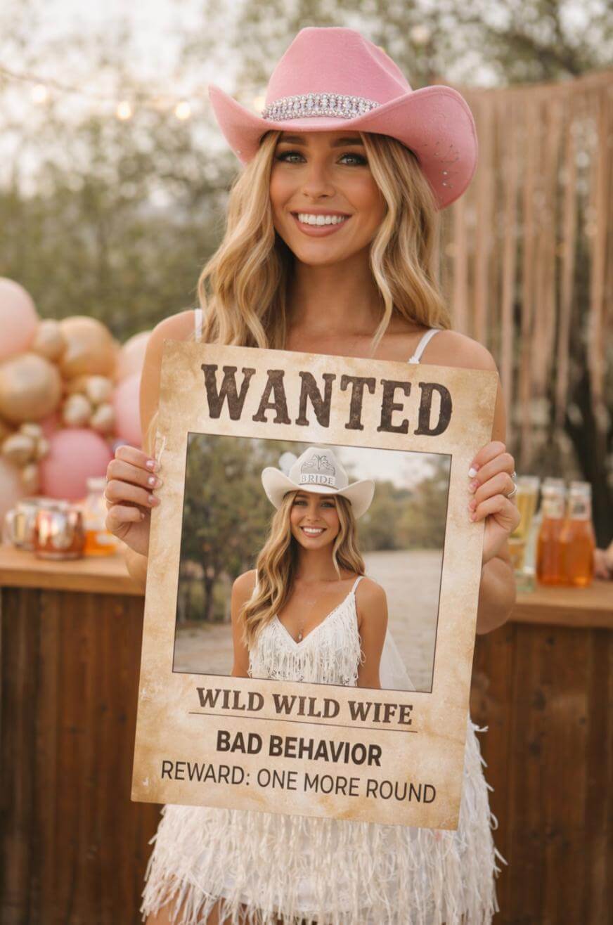 A smiling woman in a pink cowboy hat and white fringe dress holds a mock WANTED poster showing her photo. The poster reads: Wild Wild Wife, Bad Behavior, Reward: One More Round. Balloons and drinks are in the background.