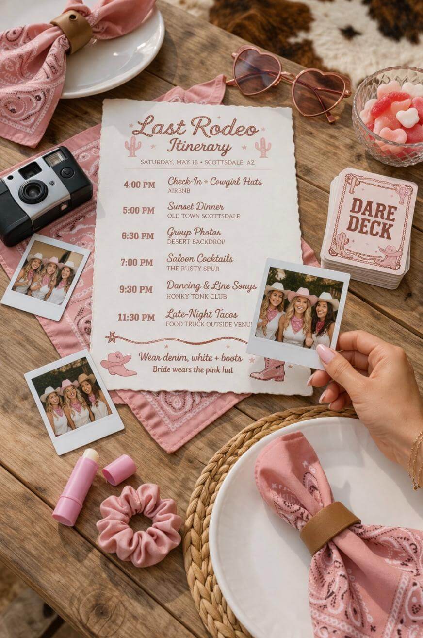 A wooden table set with pink bandana napkins, a camera, scrunchies, lipstick, and a bachelorette party itinerary titled Last Rodeo. Polaroid photos of friends and cowgirl-themed decor are also displayed.