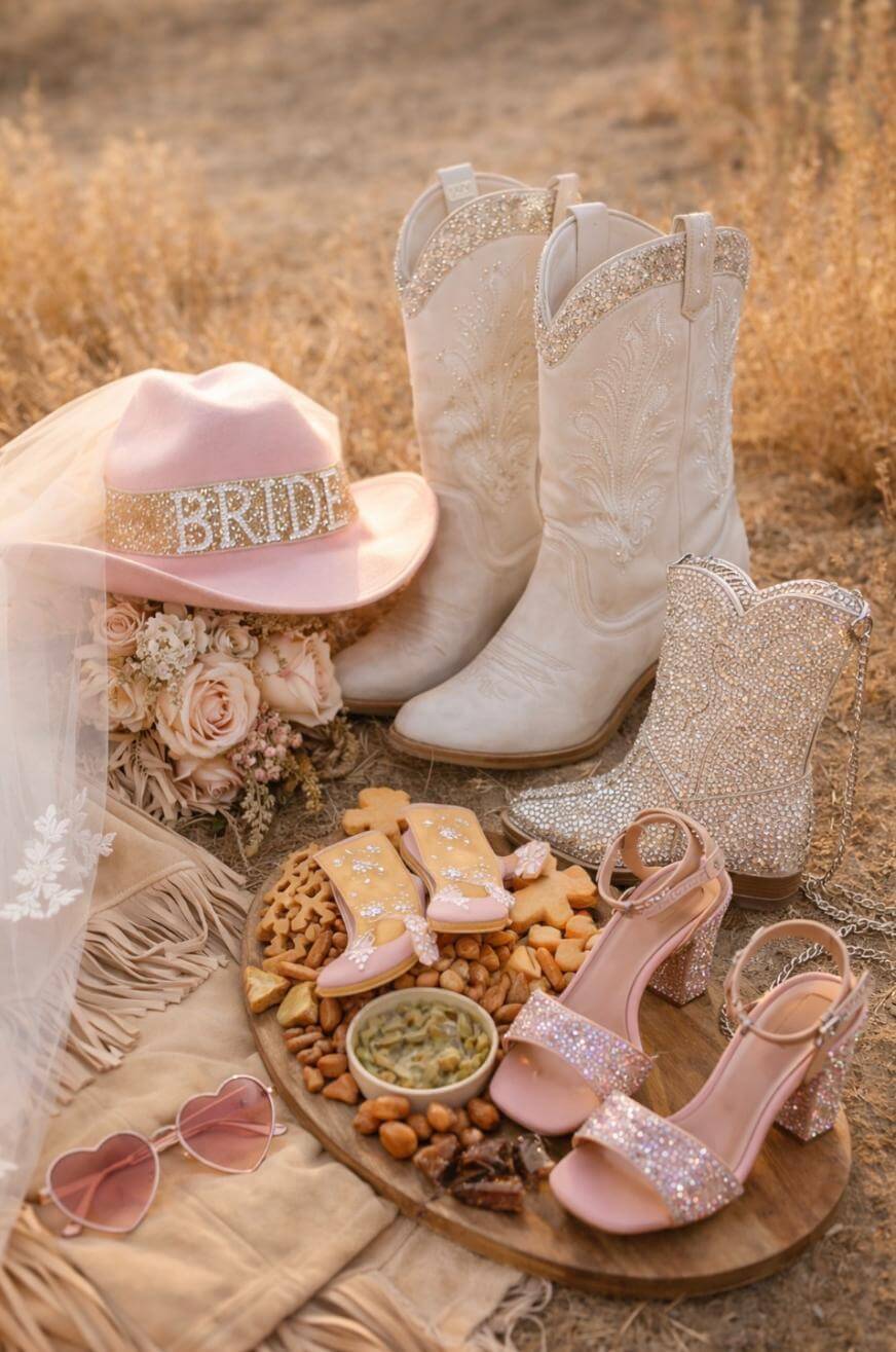 A rustic picnic setup with sparkly cowboy boots, pink heeled sandals, a pink hat labeled BRIDE, a bridal veil, sunglasses, and a wooden platter of snacks, flowers, and star-shaped cookies, outdoors on dry grass.